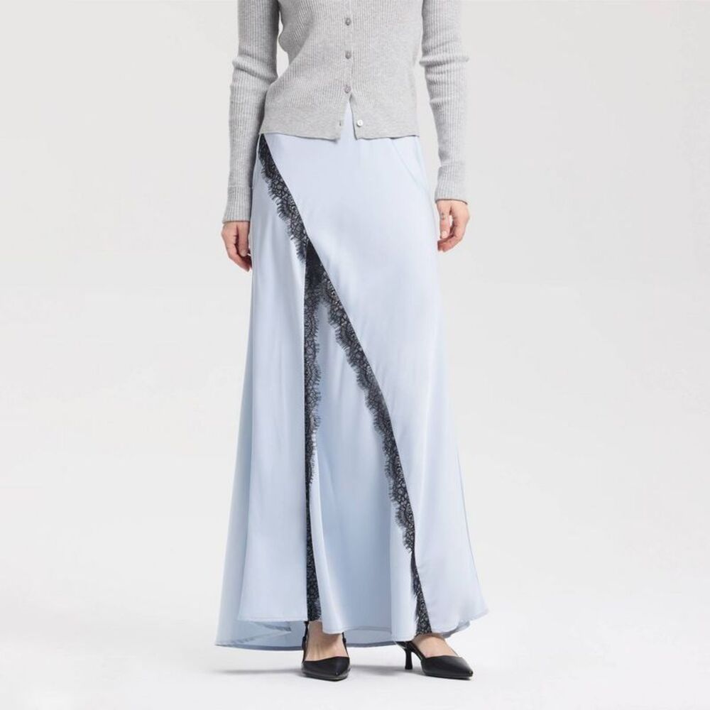 Women's High-Rise Satin Asymmetric Lace Maxi Skirt - A New Day Blue XXL